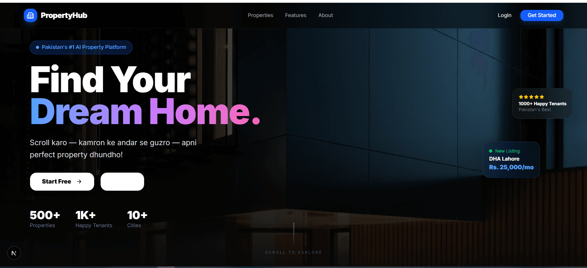 PropertyHub landing page with the headline Find Your Dream Home