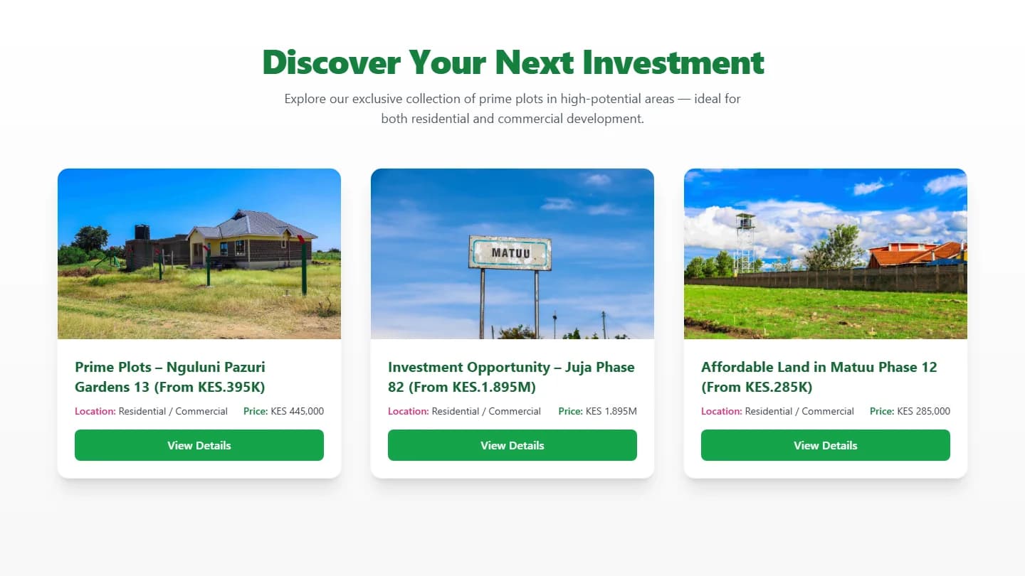 RealEstate property cards with location and price