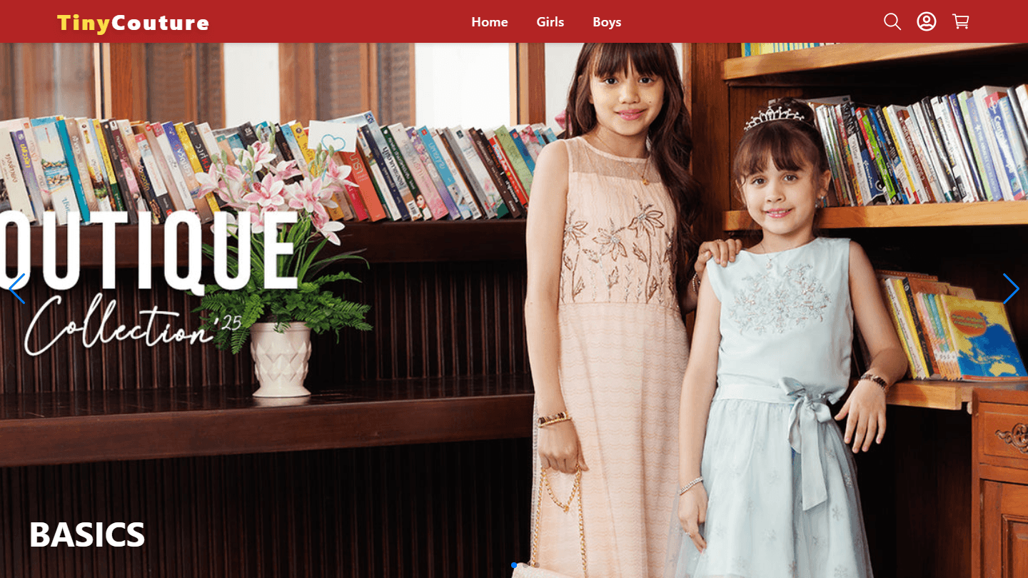 TinyCouture home page with the navigation bar and a collection banner